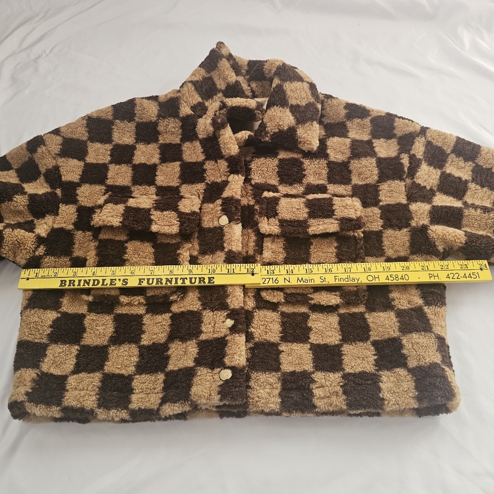 Lulus On My Checklist Tan and Brown Checkered Cropped Teddy Jacket - Picture 14 of 15